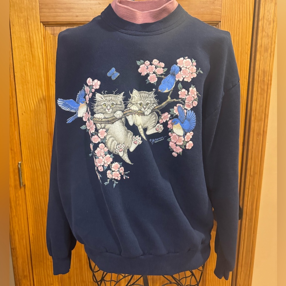 Vintage Morning Sun Navy Blue Crew Sweatshirt Cats Bluebirds Grannycore Large??